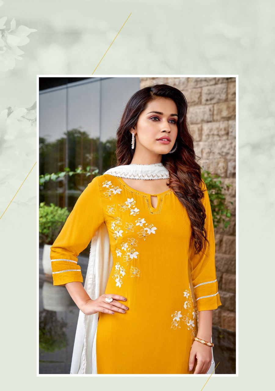 Kadlee Belliza Fancy Festive Wear Rayon Kurti With Sharara And Dupatta Collection